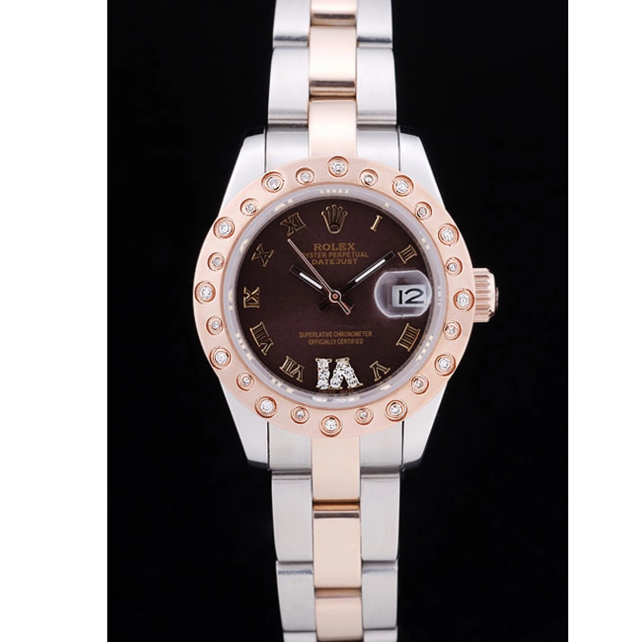 AAA replica watch Rolex Polished Diamonds Bezel 7475 Brown Datejust Gold Dial Rose 0712
